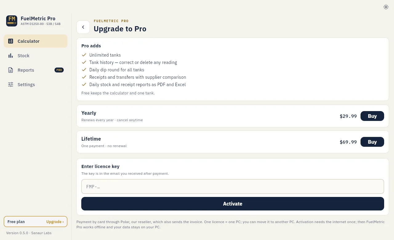 Upgrade page on Windows with plans and the licence key field