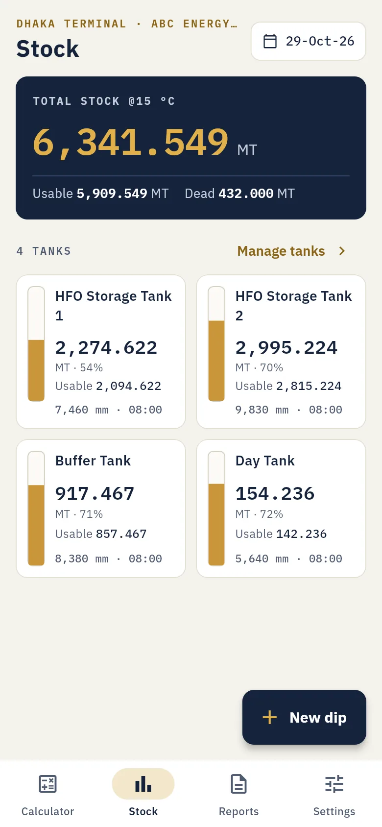 Stock screen with total, usable and dead stock